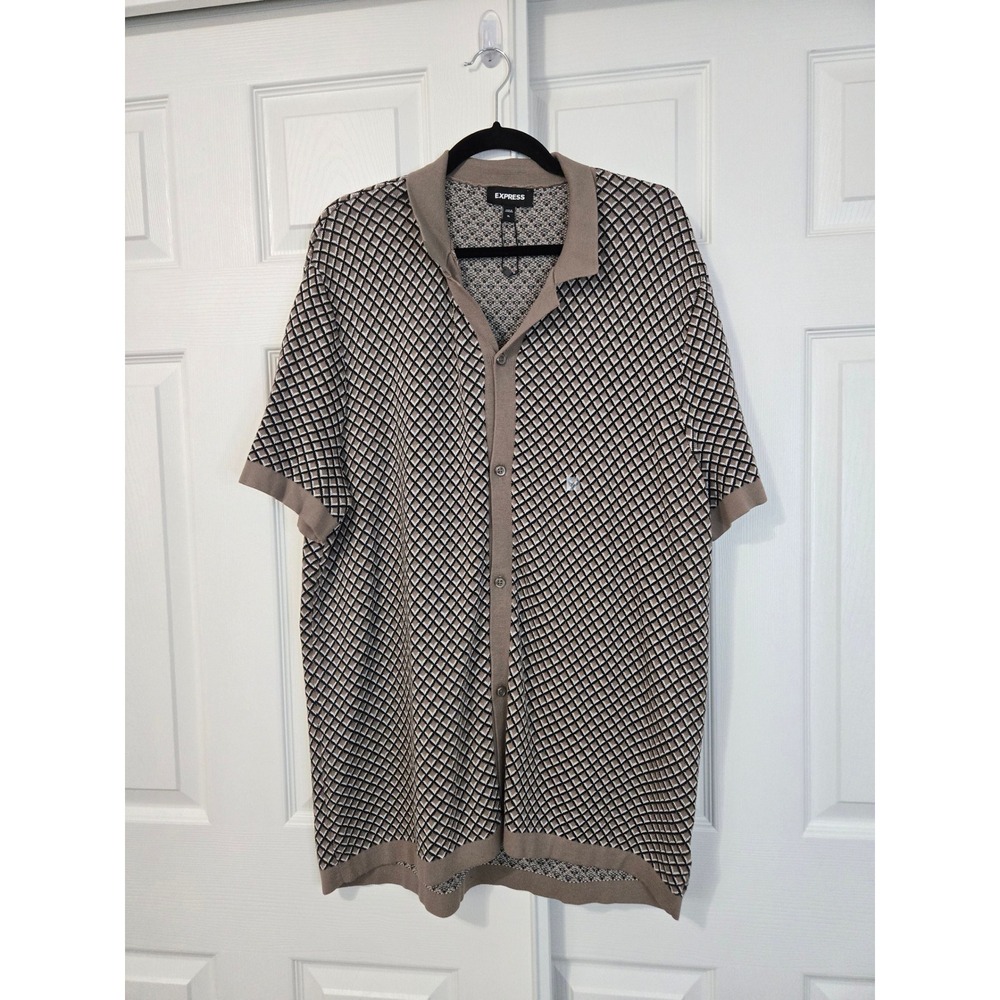 Express Mens Geometric Diamond Knit Button Down Shirt Tan Black XL NEW